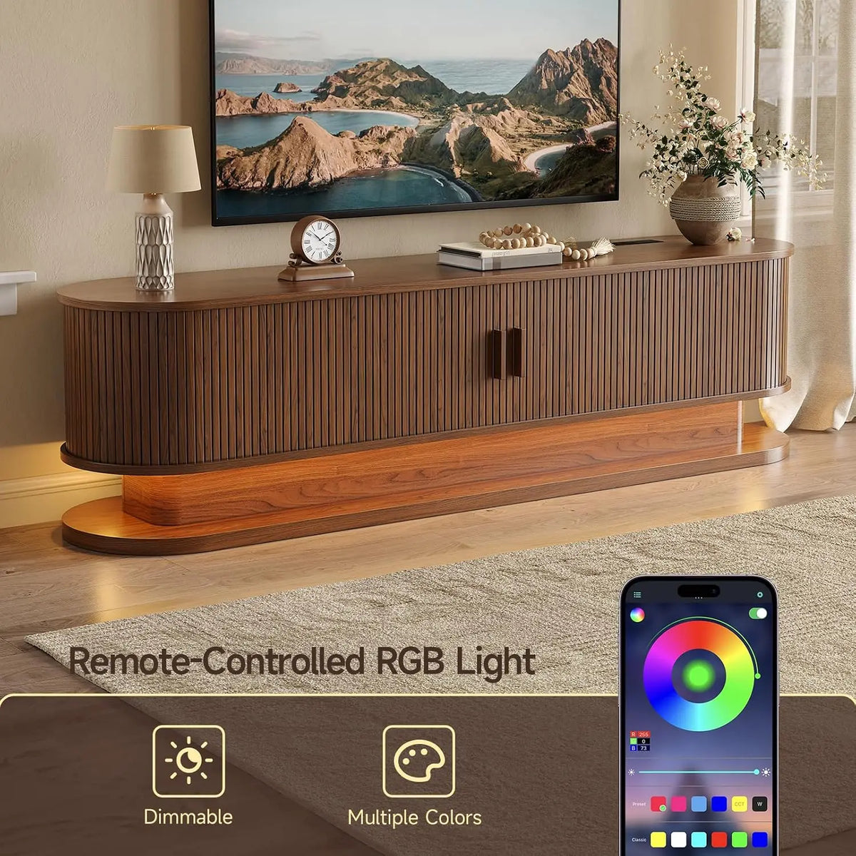 70" Modern TV Stand for TVs up to 80" with LED Light Strip & Power Outlet | Entertainment Center/Shelf, Durable Chipboard, Free Shipping