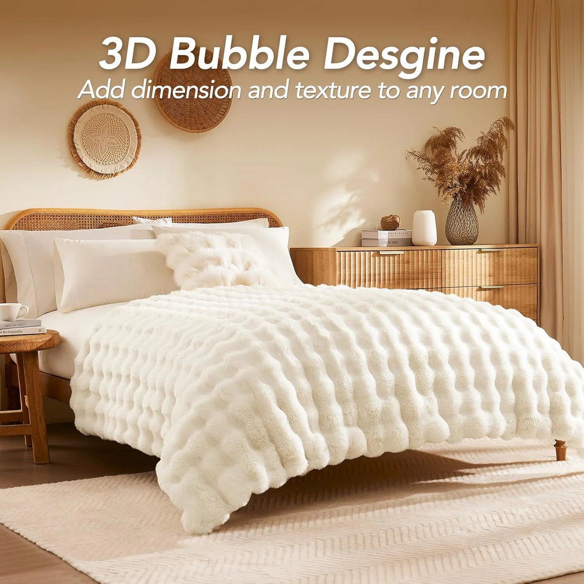 ROSEKIND 1pc Soft Weighted Faux Fur Rabbit Bubble Blanket, 1000GSM, 90*108 Inch, Warm & Thick for Bed, Sofa, Office, Dorm, Camping, Multifunctional & Durable Blanket as Perfect Gift, Available in 10 Color as Stylish Home Deco