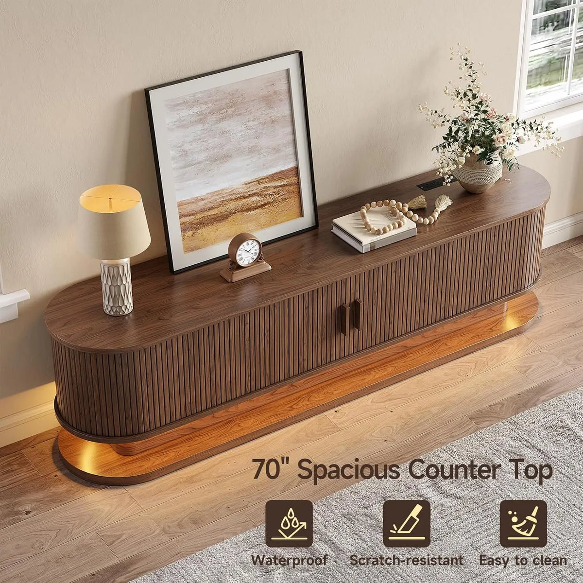 70" Modern TV Stand for TVs up to 80" with LED Light Strip & Power Outlet | Entertainment Center/Shelf, Durable Chipboard, Free Shipping