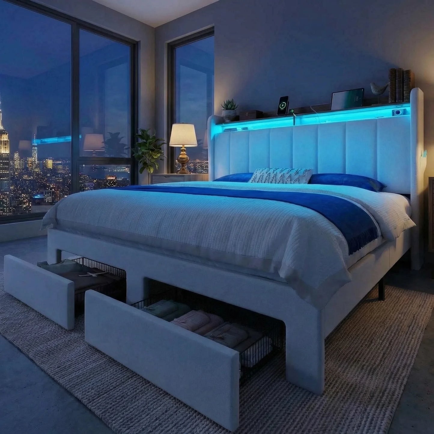 HOOMIC Bed Frame, 2 Storage Drawers/2-Tier Shelves with LED Lights & Charging Station, No Box Spring Need, Full/Queen/King