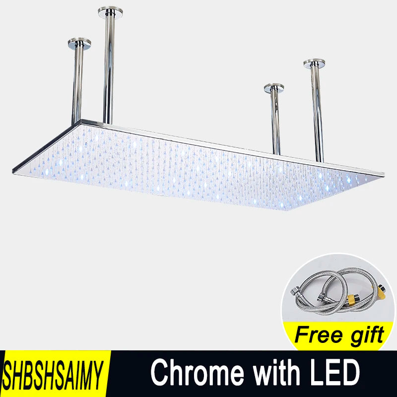 SHBSHAIMY Chrome Shower Head LED Light 40*80cm Large Rainfall Chrome Rainfall Faucet Bathroom Tap Stainless Steel Square Sprayer