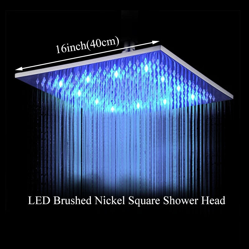 Rainfall Shower Head LED Changing 12/16" Square Brass Shower Head Faucet Bathroom Accessory Top Over-head Shower Sprayer