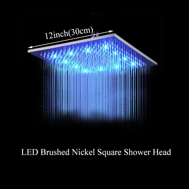 Rainfall Shower Head LED Changing 12/16" Square Brass Shower Head Faucet Bathroom Accessory Top Over-head Shower Sprayer
