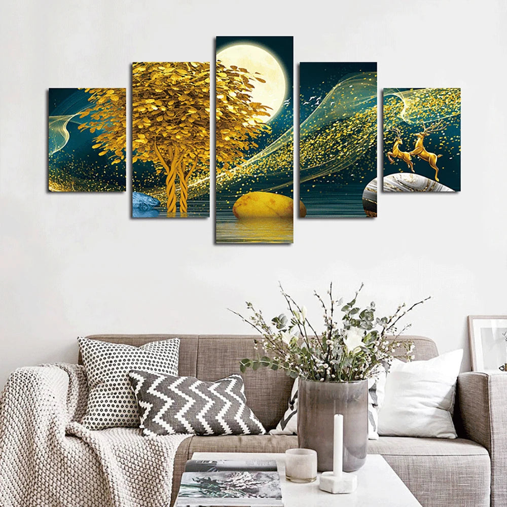 Abstract 5 Pieces Wall Art Golden Tree Deer Moon Canvas Poster Painting Home Decoration Living Room Artwork Picture Bedroom