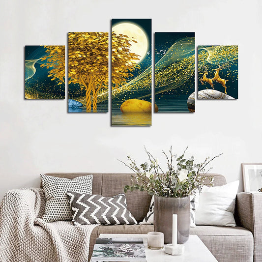 Abstract 5 Pieces Wall Art Golden Tree Deer Moon Canvas Poster Painting Home Decoration Living Room Artwork Picture Bedroom