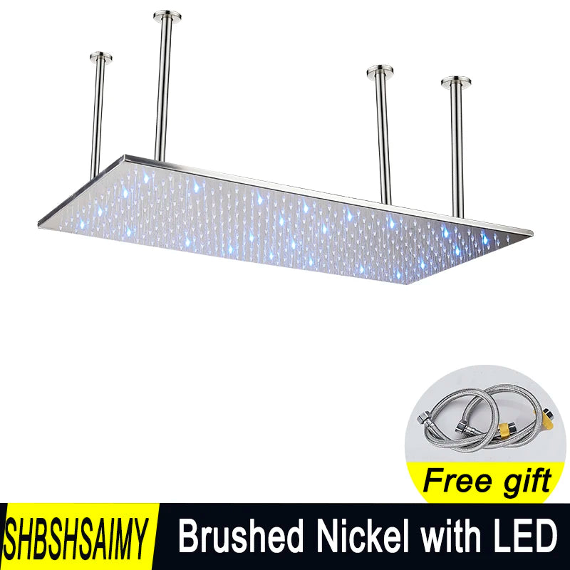 SHBSHAIMY Chrome Shower Head LED Light 40*80cm Large Rainfall Chrome Rainfall Faucet Bathroom Tap Stainless Steel Square Sprayer