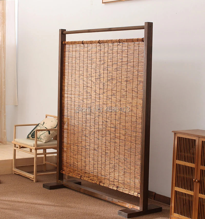 Chinese Style Natural Reed Folding Wood Room Screens Partition Porch Outdoor Divider for Hotel Coffee/Tea Room Decoration