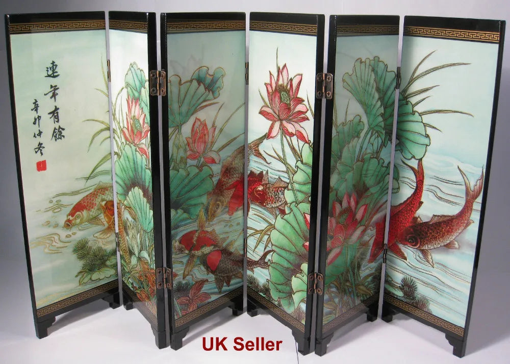 Desk decorative chinese fish and lotus 6 panel folding screen