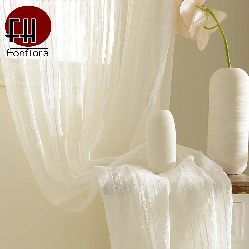Window Curtains, Tulle, Sheer, Cortinas, Curtains for living room, Partition, Home Interior, White, Striped, Drapes for Bedroom