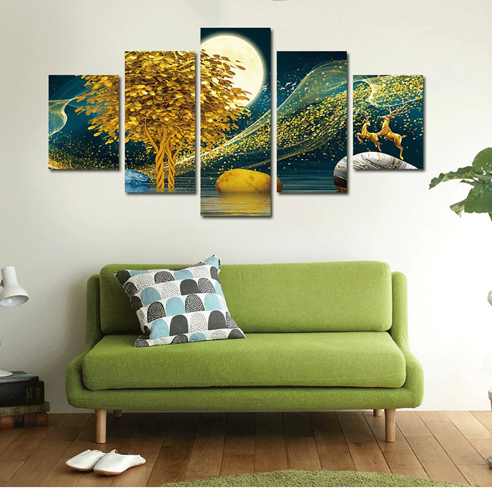 Abstract 5 Pieces Wall Art Golden Tree Deer Moon Canvas Poster Painting Home Decoration Living Room Artwork Picture Bedroom