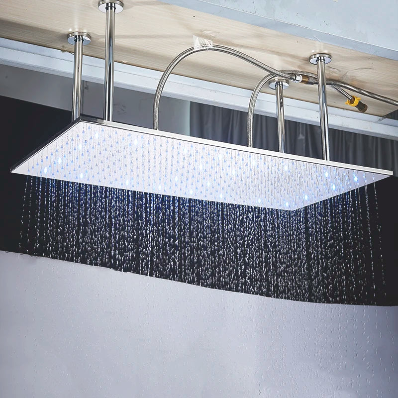 SHBSHAIMY Chrome Shower Head LED Light 40*80cm Large Rainfall Chrome Rainfall Faucet Bathroom Tap Stainless Steel Square Sprayer