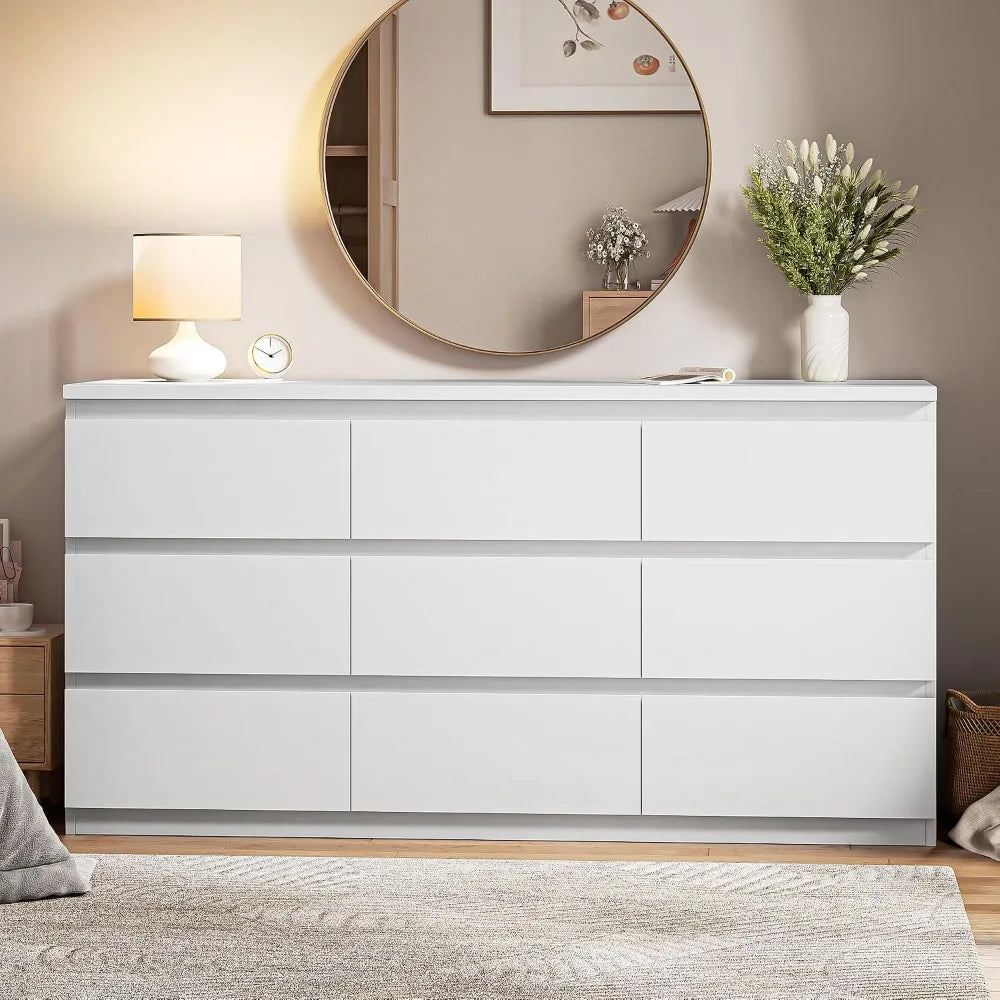 Elegant White 9-Drawer Dresser for Bedroom, Storage Chest with Deep Drawers for Living Spaces