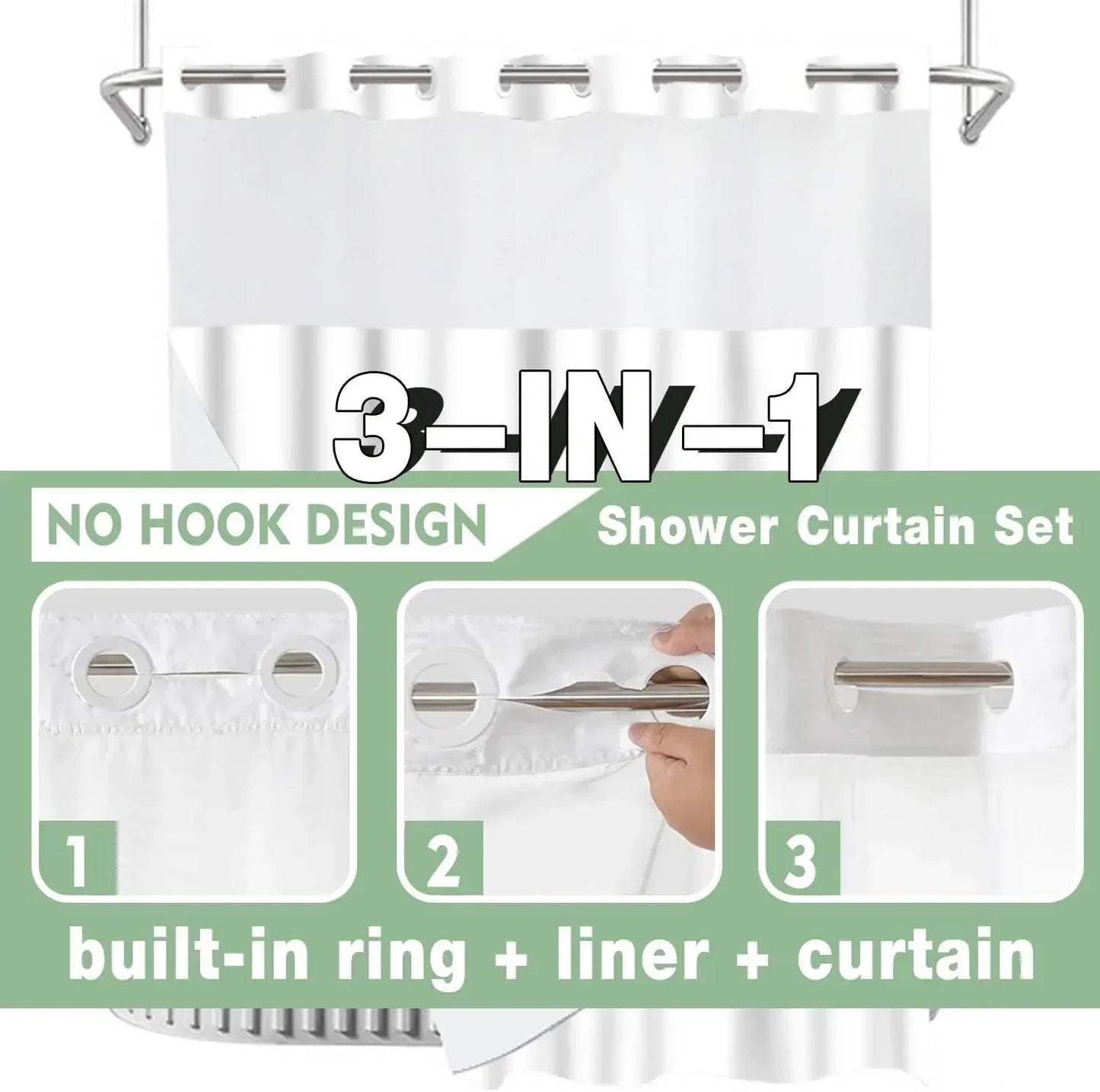 1PC Dotted Waffle Weave Shower Curtain Set Hotel Spa Grade Fabric 71x74 with Snap-In Liner No Hooks Required