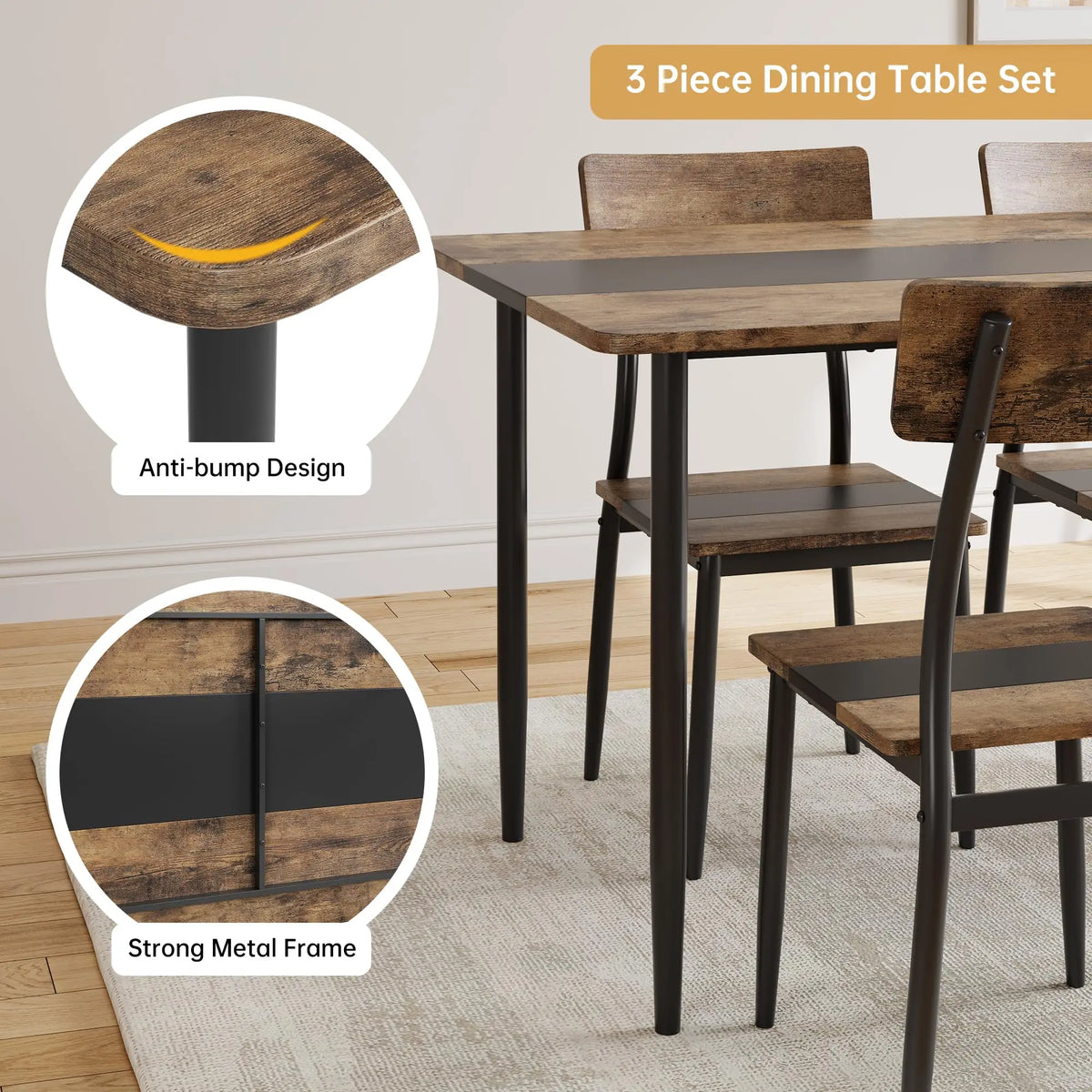 3-Piece Dining Table Set For 2, Small Kitchen Table With 2 Chairs, Two-Tone MDF Top, Metal Frame, Space Saving Apartment Dining