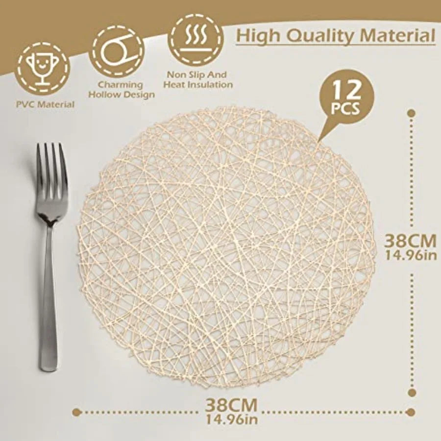 Set of 12 Woven Gold Placemats Hollow Out Holiday Metallic Mats Golden Round Placemats Handmade Mesh Napkin Rings Holder Gold N