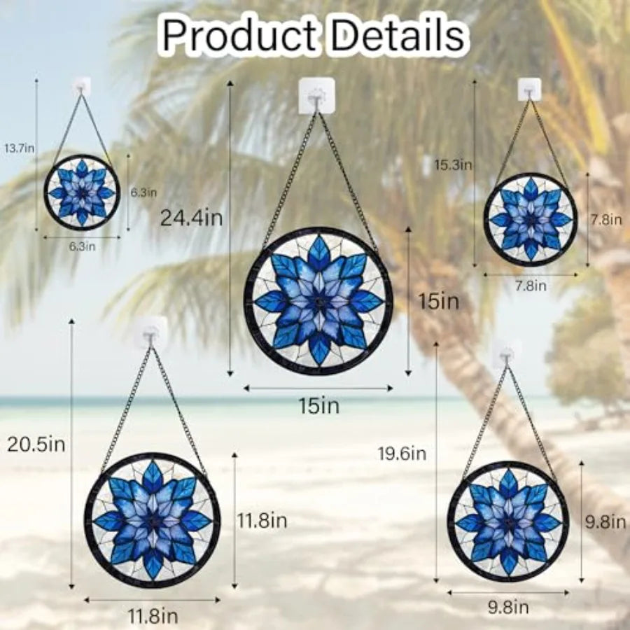 Stained Glass Window Hanging - Blue Snowflake Flowers Suncatcher for Doors Garden Patio Boho Sun Catchers Decor