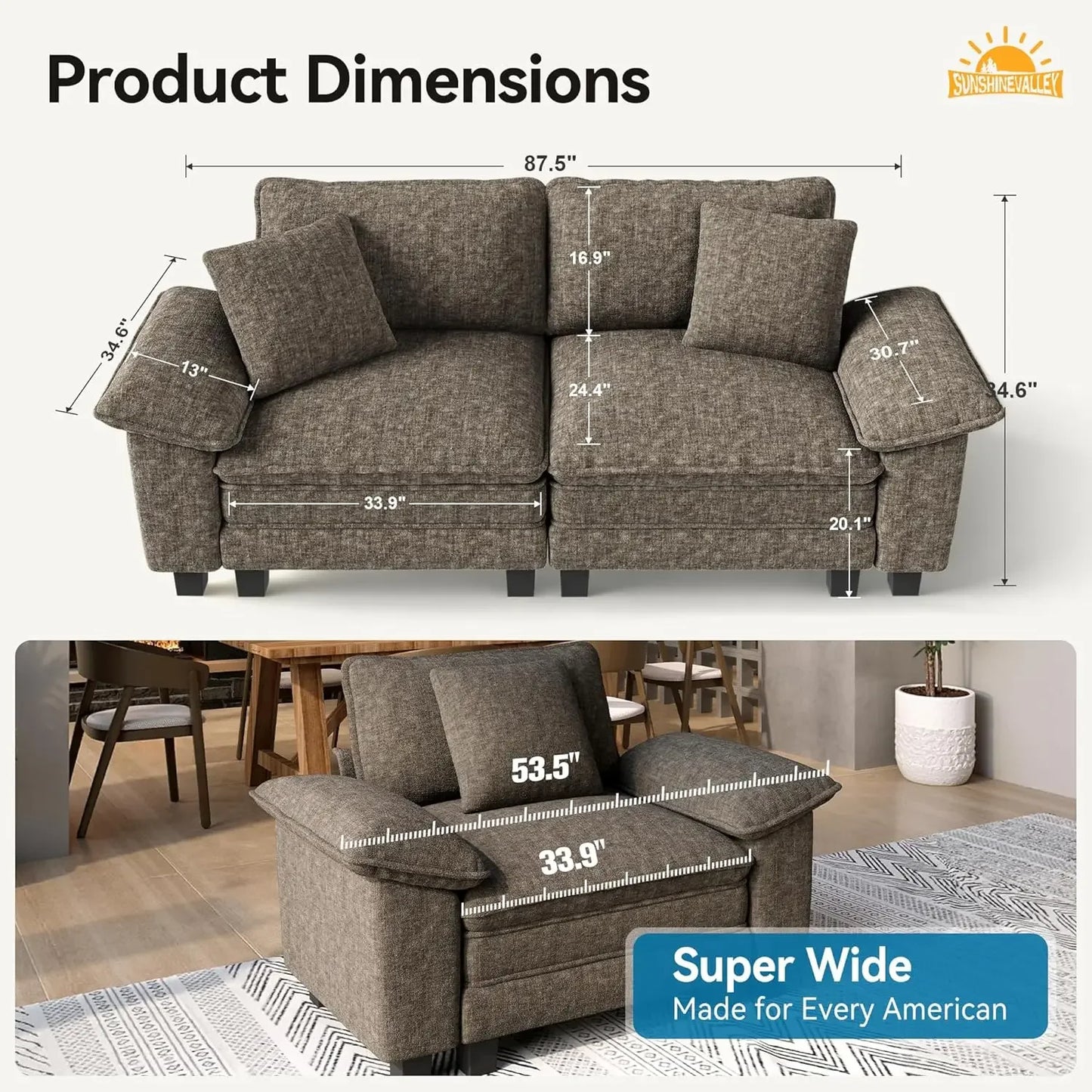 Modular Loveseat Cloud Sofa, 87.5'' Oversized Chenille Sectional Couch with Wider Armrest and Pillow, 2 Seat, Customized