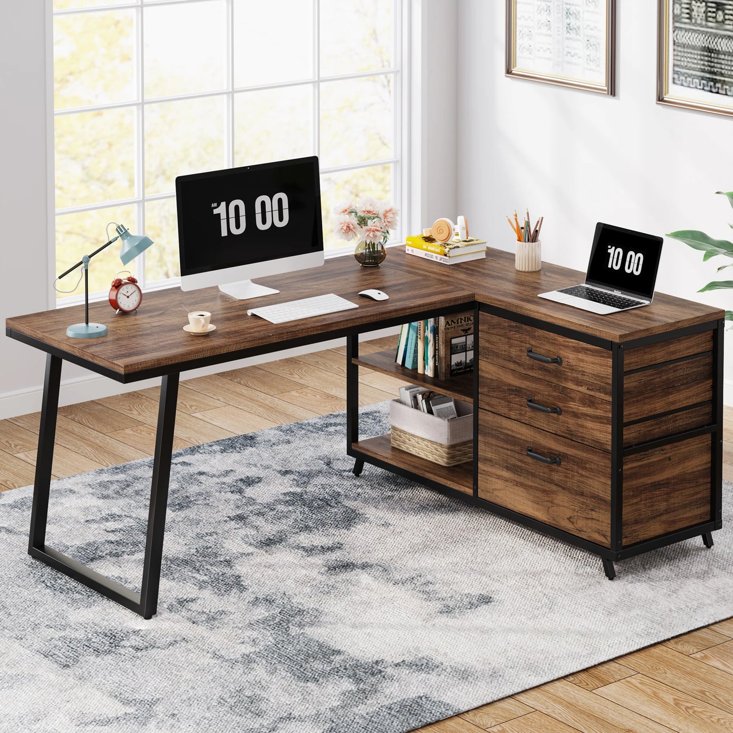 Tribesigns L-Shaped Computer Desk with 3 Drawers, Reversible Corner Home Office Desk with Shelves, 53-Inch Industrial PC Desk