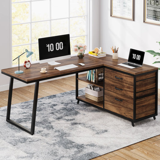 Tribesigns L-Shaped Computer Desk with 3 Drawers, Reversible Corner Home Office Desk with Shelves, 53-Inch Industrial PC Desk