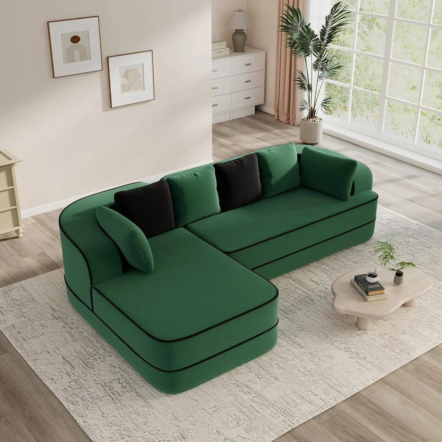 105.9" Contrast Color Boneless Sectional Couch, Teddy Fabric Foam Cloud Sofa, L Shaped Extra Deep Seat Wide Arm, Customized