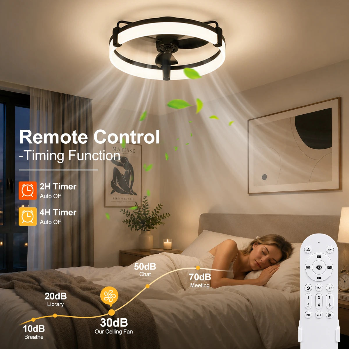 Aiopp Ultra Quiet Round Fan Light Indoor, Dimmable 6 Speed Reversible DC Motor Flush Mount LED Ceiling Fan for Livingroom Bedroom Kitchen