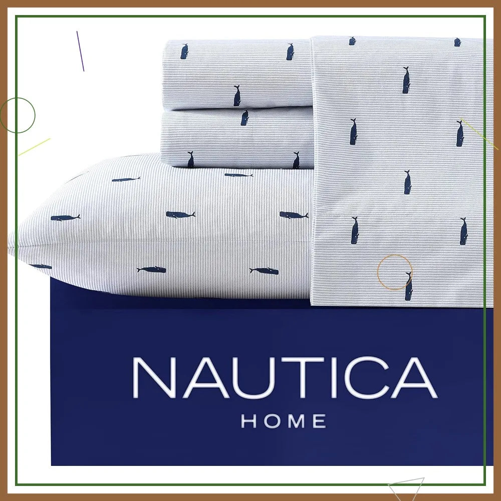 King Size Cooling Sheets Set with Smooth Cotton Percale Feel - Includes Pillowcases & Fitted Sheet in Whale Stripe Blue