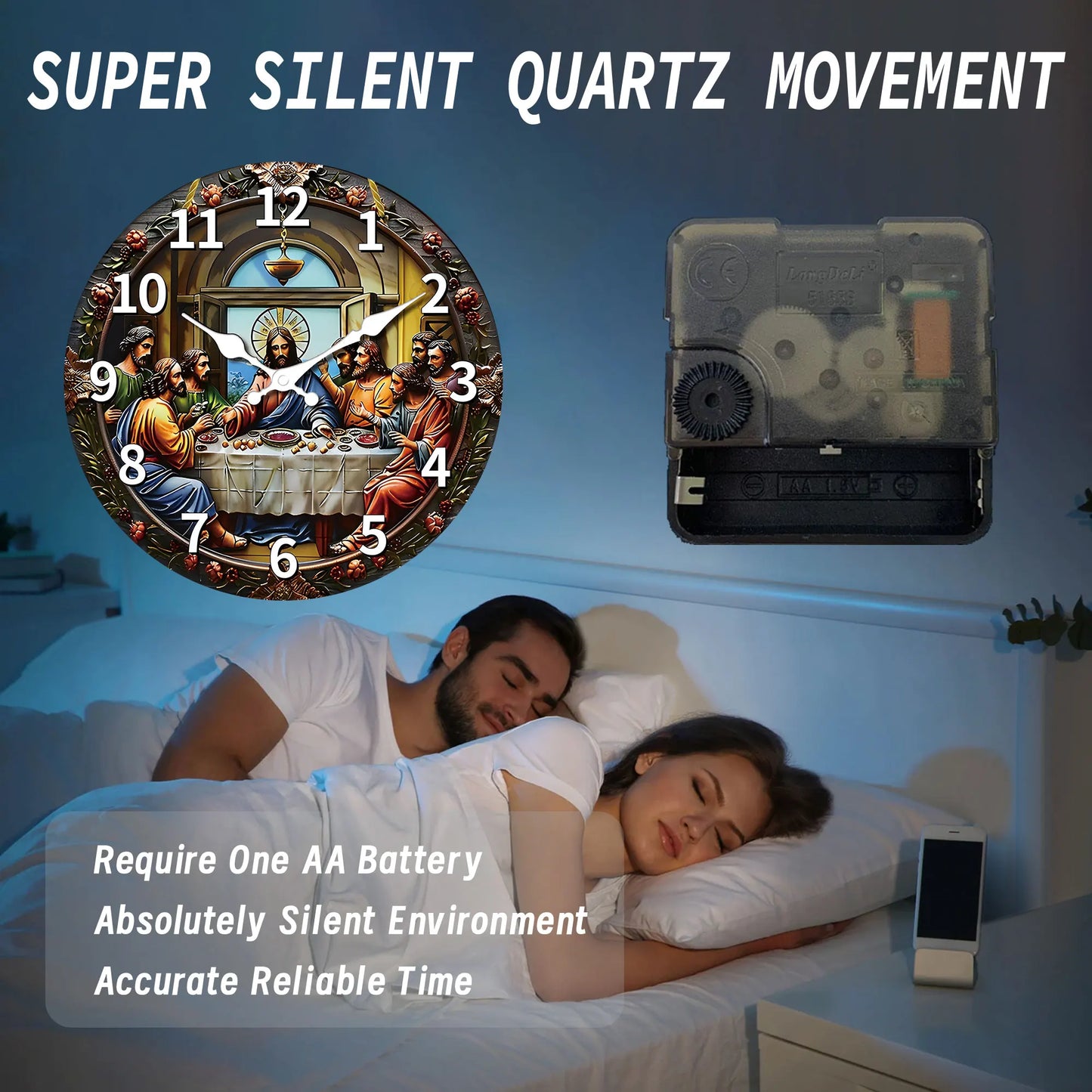 A wooden veneer wall clock, "Last Supper" themed design Flat wall clock, non-ticking silent clock, Living Room Bedroom, Office,