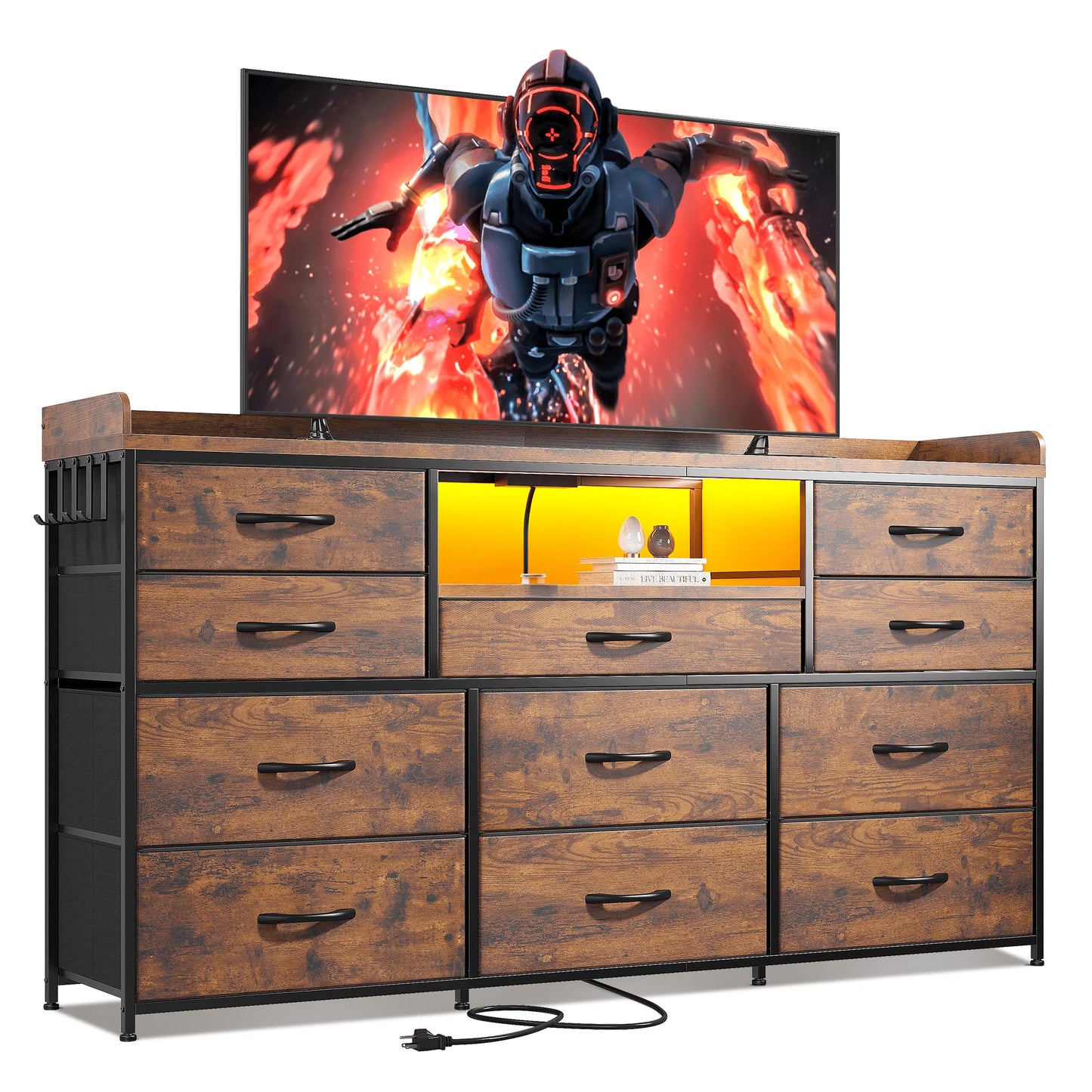 60" TV Stand with 11 Drawers – LED Lighting, Power Outlets, White Dresser with Shelves & 5 Hooks – For Bedroom, Dorm, Hallway