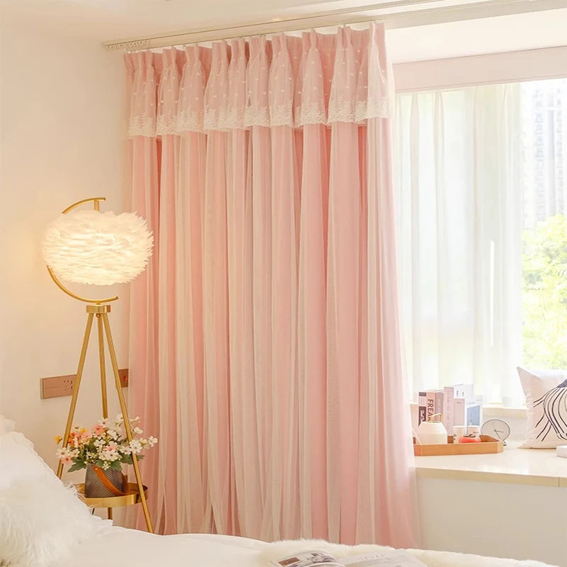2pcs girls double princess style French pink curtain bedroom ins wind blackout new living room dream curtain