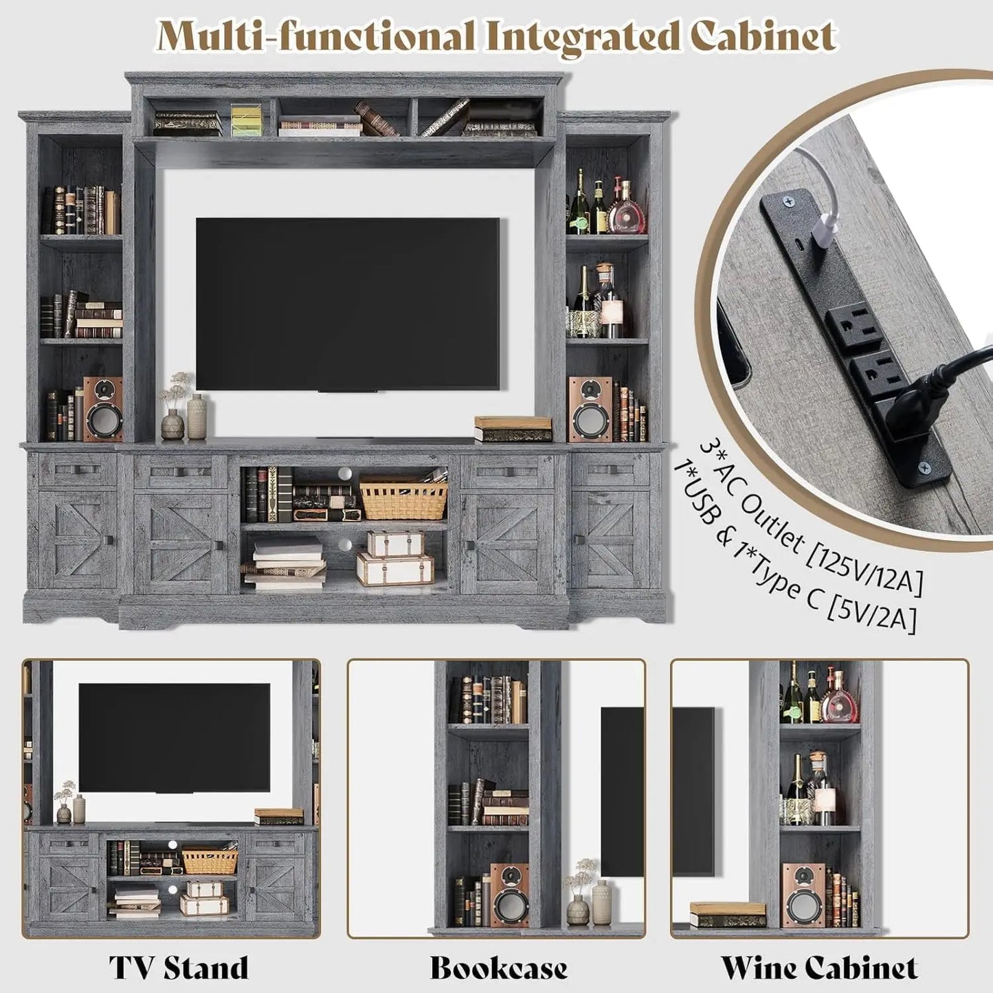 98" armhouse Wall Unit Entertainment Center with Bookshelves, Wine Cabinet, its 75" TVs, Large TV Stand with Power Outlets & Bar