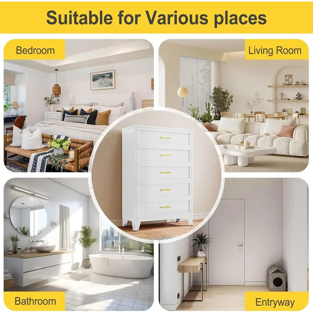 53.54 Tall Metal Drawer Unit for Bedroom, 5 Drawer White Chests, Storage Organizer, Large Space Cabinet for Living Room, Entrywa