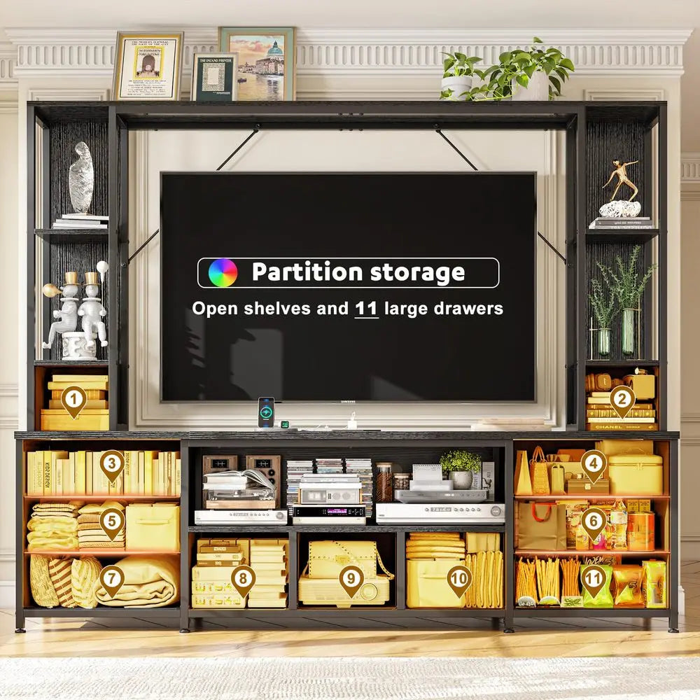 65 TV Stand for Living Room, Large Entertainment Center with 11 Fabric Drawers, 2 LED Lights amp Power Outlets, Modern Dresser
