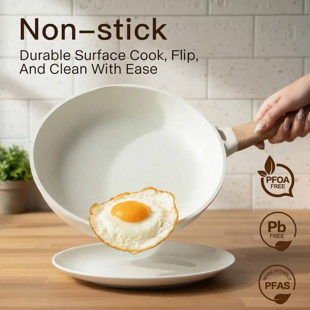 Non Stick Ceramic Cookware Set 22 Pcs PFOA PFOS Free Pots and Pans with Glass Lids Induction Compatible Cream White