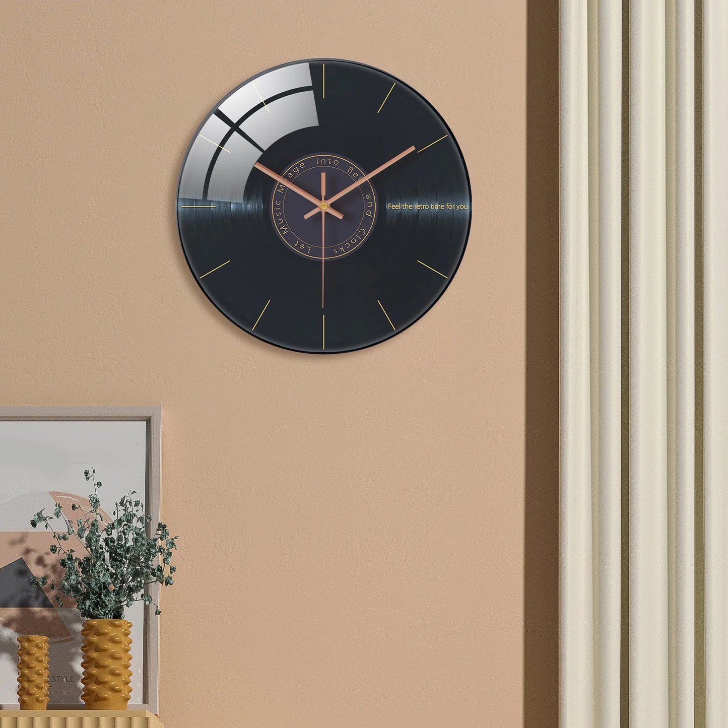 Creative Music Element Vinyl Record Pattern Tempered Glass Wall Clock Living Room Bedroom Kitchen Home Decoration Wall Clock Silent Quartz Clock Holiday Gift 12 Inches 14 Inches 16inch (Without Batteries)