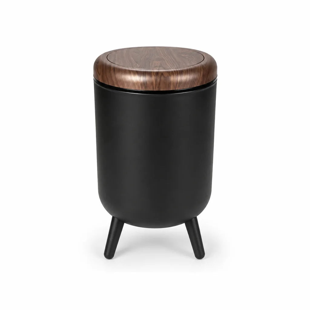 Tall Press‑Open Lidded Waste Bin with Tripod Stand, Wood‑Grain Lid Decorative Waste Container, Large‑Capacity Floor Trash Can for Home Kitchen Living Room