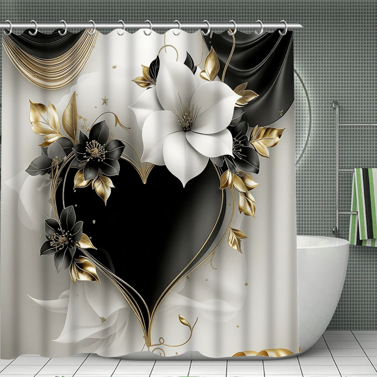 4Pcs Black Gold Heart Flower Shower Curtain Set with Hooks, Luxury Elegant Floral Print Waterproof Mildew Resistant Fabric Bath Mat for Family Bathroom Home Decor