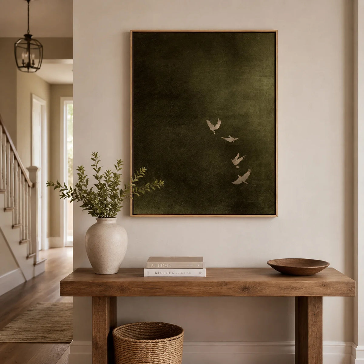 Olive Green Bird Canvas Art, Dark Moody Framed Art,Minimalist Japandi Living Room Decor Canvas Wall Print for Bedroom