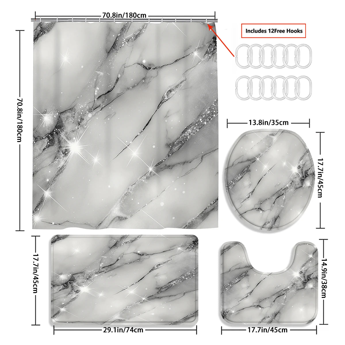 4Pcs Sparkle Grey Marble Shower Curtain Set with Hooks, Modern Shiny Glitter Print Waterproof Mildew Resistant Fabric Bath Mat for Family Bathroom Home Decor