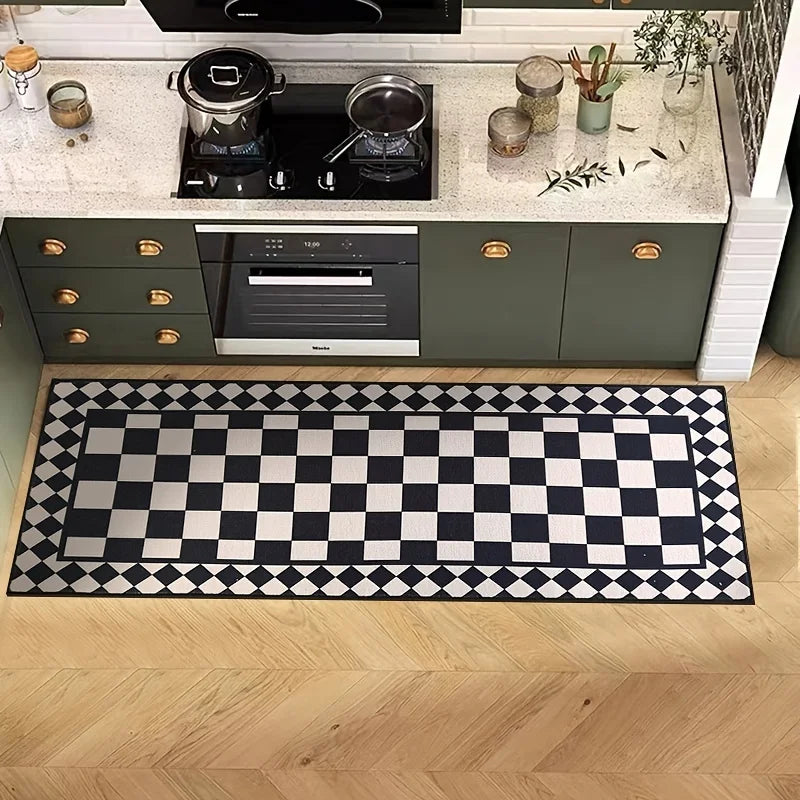Classic Black White Checkered Long Runner Rug, Double Layer Checkerboard Pattern Non-Slip Washable Floor Mat for Kitchen