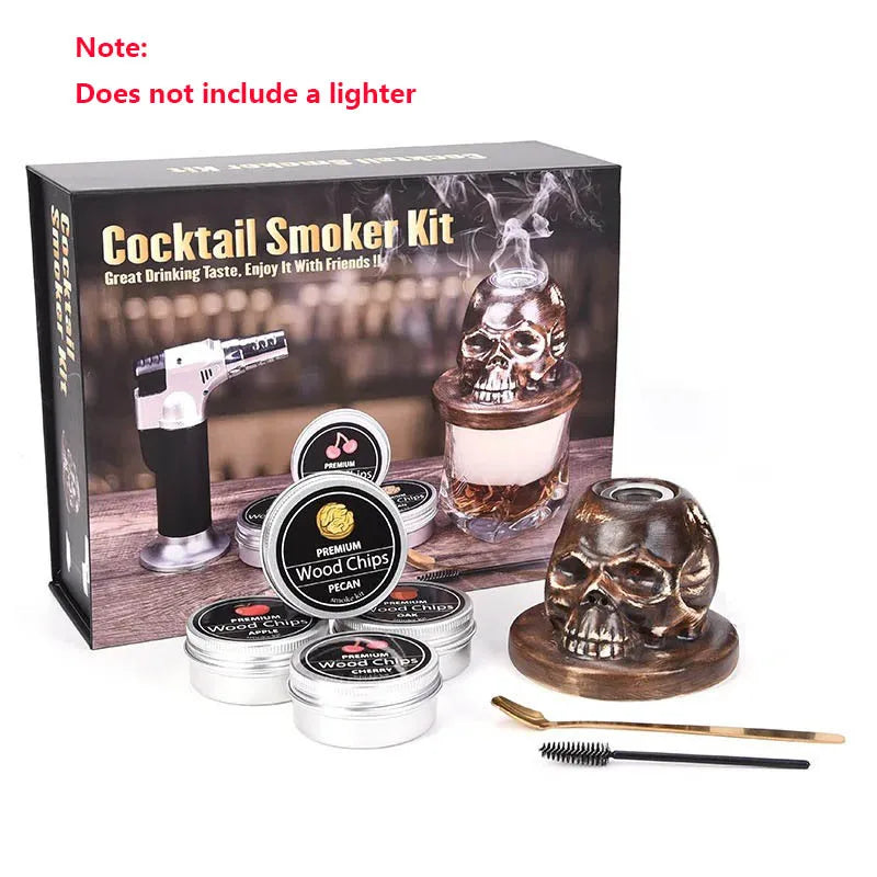 Skull-Shaped Ceramic Cocktail Smoking Kit–4-Flavor Wood Chips Set for Whiskey & Craft Cocktails, Unique Gift for Bar Enthusiasts.