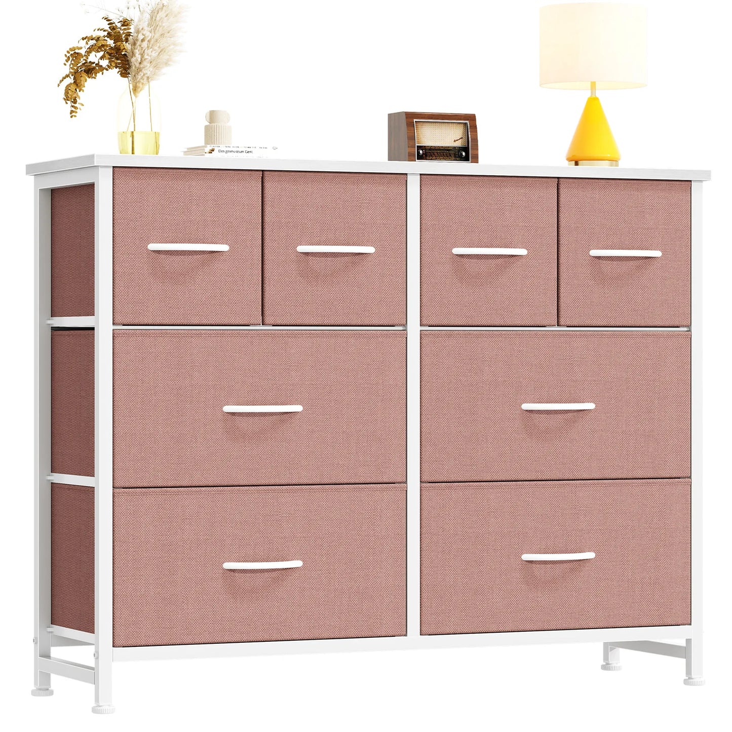 JHK 8 Fabric Drawers Dresser for Living Room Storage Tower with Wood Top and Mental Frame Wide Fabric Dresser for Closet Storage Unit for Entryway