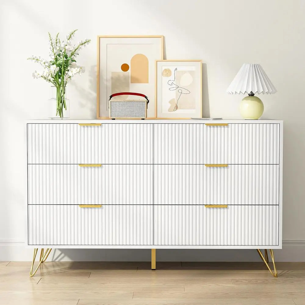 White 6-Drawer Wooden Dresser for Bedroom, Living Room, Hallway, and Entryway