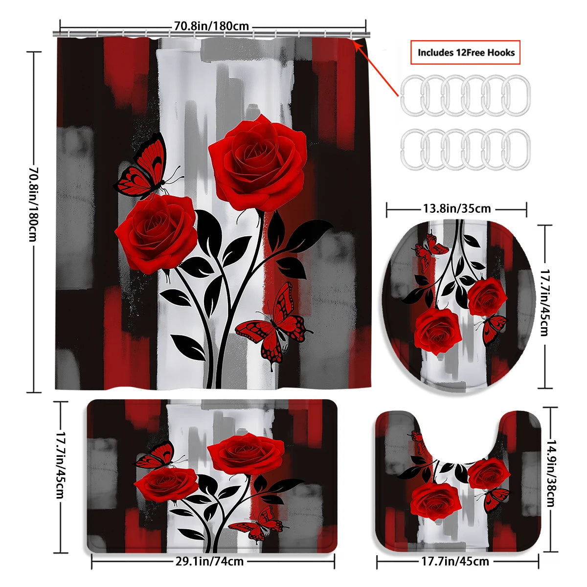 4Pcs Red Rose Butterfly Shower Curtain Set with Hooks, Modern Abstract Print Waterproof Mildew Resistant Fabric Bath Mat for Family Bathroom Home Decor
