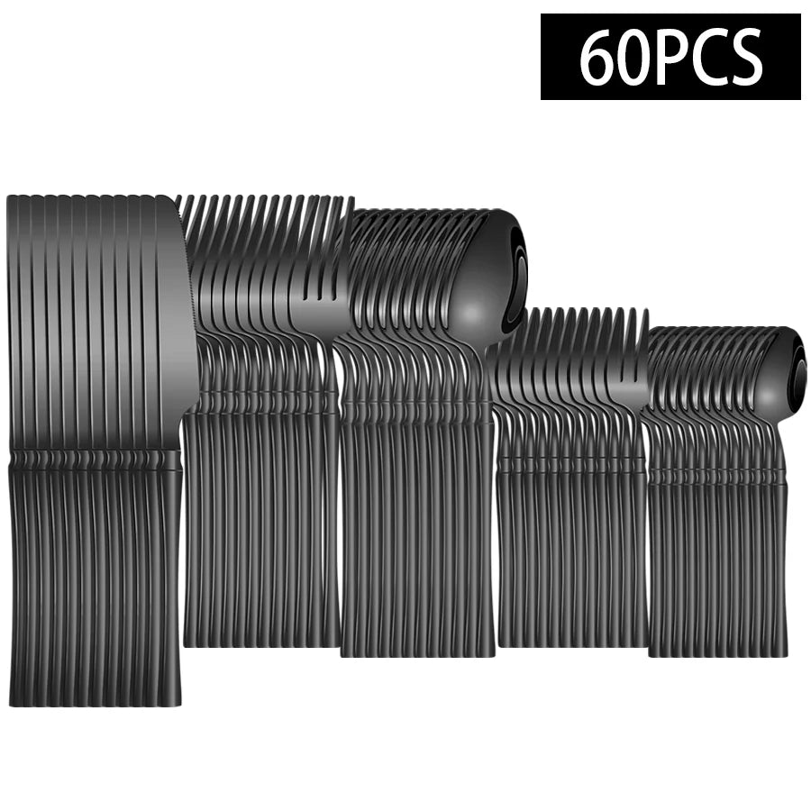 40/60-Piece Black Stainless Steel Cutlery Set, Mirror Polished, Including Dinner Forks, Steak Knives, and Soup Spoons, Suitable