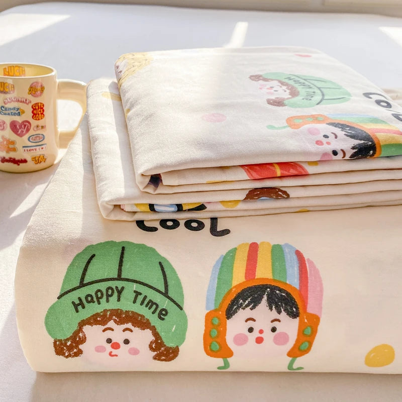 All Season Comfort 100% Cotton Flat Sheet , Soft Breathable Cute Cartoon Print Top Sheet, Wrinkle Resistant Fade Resistant
