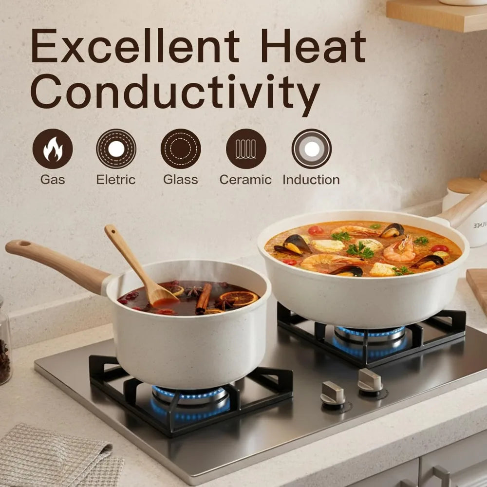 Non Stick Ceramic Cookware Set 22 Pcs PFOA PFOS Free Pots and Pans with Glass Lids Induction Compatible Cream White