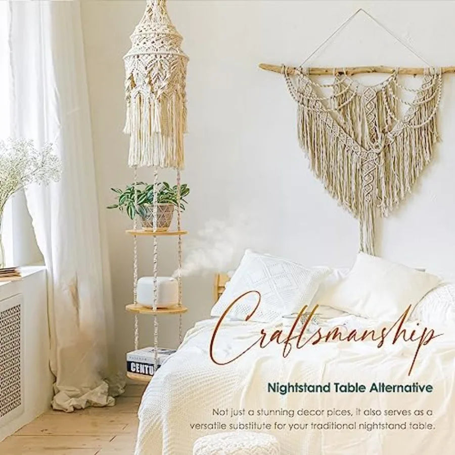3-Tier Cotton Macrame Hanging Light Fixture Shelf, Boho Corner Pendant Lamp Shade Shelves, Farmhouse Ceiling Plant Hanger Indoor