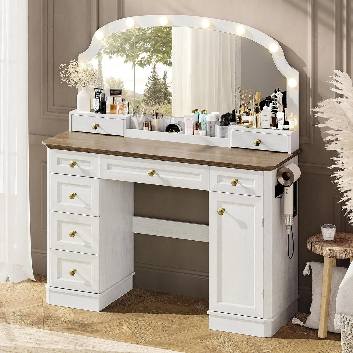 Farmhouse Makeup Vanity Desk with Mirror and Lights, 47'' Vanity Table with 8 Storage Drawers 1 Cabinet & 2, Customized