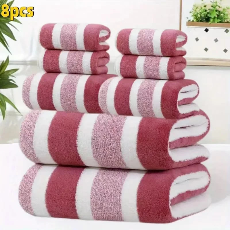 8 Piece Durable Decorative Two Tone Striped Towel Set Ultra Soft Lint Free Breathable Skin Friendly Quick Drying High Absorbency Bathroom Towels for Home Hotel Guest Bathroom 2 Bath 2 Face 4 Hand Towels Included