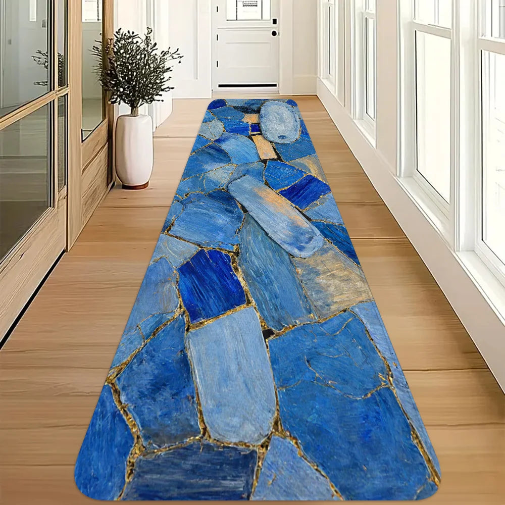 Blue Marble Gold Crack Mosaic Stone Print Runner Rug, Non-Slip Washable Mat for Kitchen Entryway Hallway Modern Minimalist Home